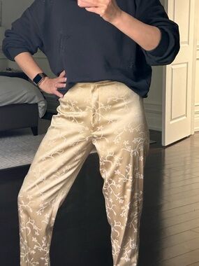 High-Rise Beige Floral Print Pants
